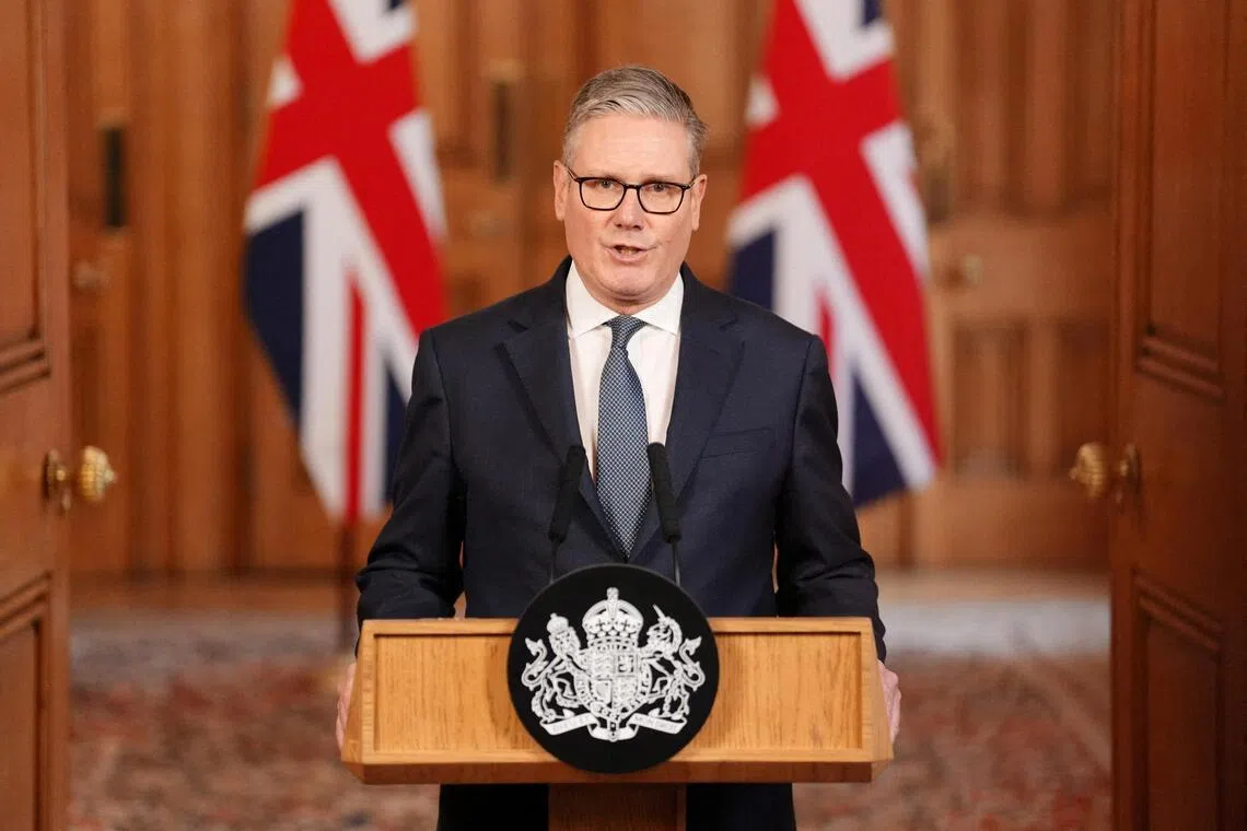 British Prime Minister Keir Starmer speaking at 10 Downing Street, after Israel and the US conducted strikes on Iran, in London, Britain, Feb 28, 2026.     