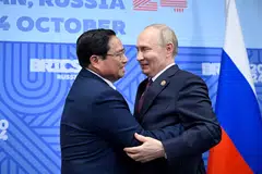 Russia’s President Vladimir Putin (right) and Vietnam’s Prime Minister Pham Minh Chinh at the Brics summit in the Russian city of Kazan last October. Vietnam was confirmed as the tenth Brics partner country on Saturday. 