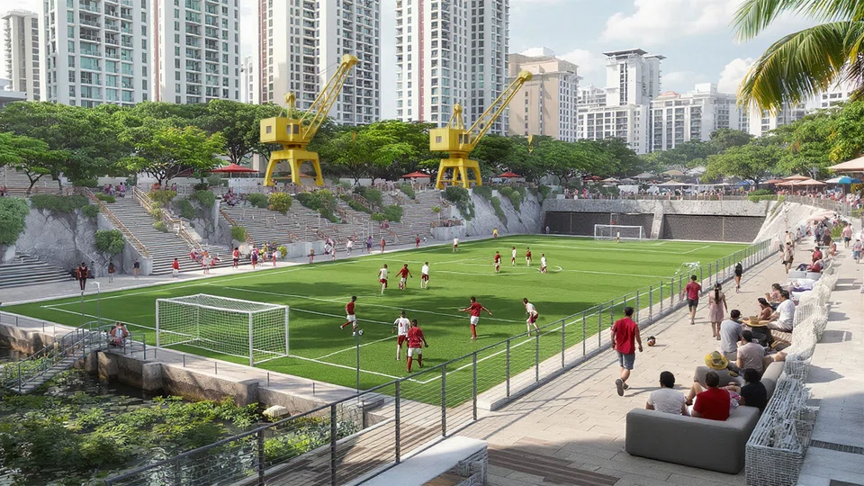 An illustration of the dry dock at Sembawang Shipyard reimagined as a sports facility, created with the assistance of AI.
