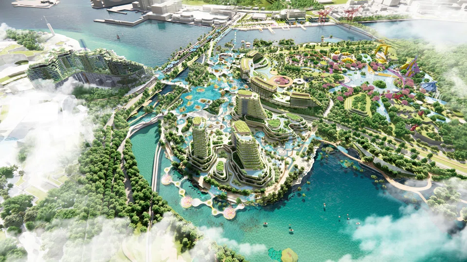 An artist's impression of the proposed new transport hub, which connects the Greater Southern Waterfront, Brani and Sentosa.