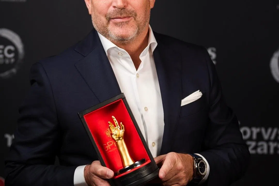 Pierre Jacques at the Grand Prix d'Horlogerie de Geneve 2024 ceremony where De Bethune was honored in the "Men's Complication" category for its iconic DB Kind of Grande Complication.