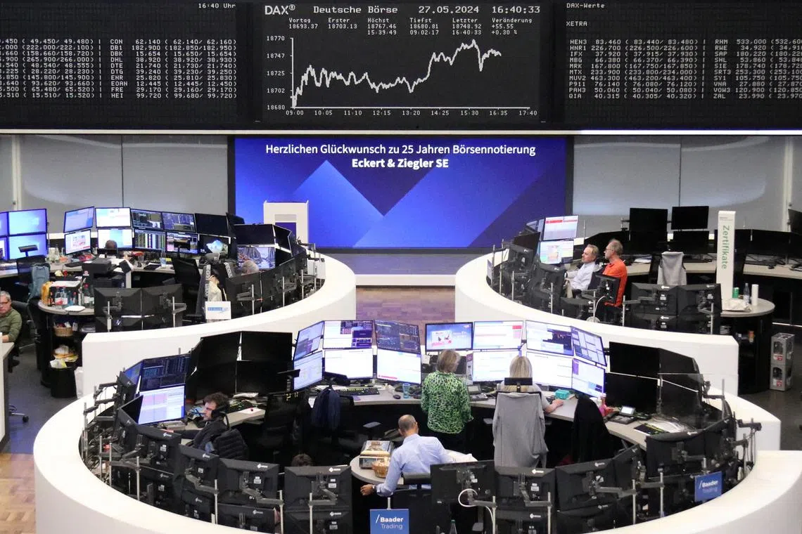 The German share price index DAX graph is pictured at the stock exchange in Frankfurt, Germany, May 27, 2024.     REUTERS/Staff