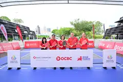From left: OCBC head of group brand and communications Koh Ching Ching; Bank of Singapore CEO Jason Moo; OCBC CEO Helen Wong; Great Eastern CEO Greg Hingston; and KASM CEO Quek Swee Kuan at the Sports Hub on Oct 25.