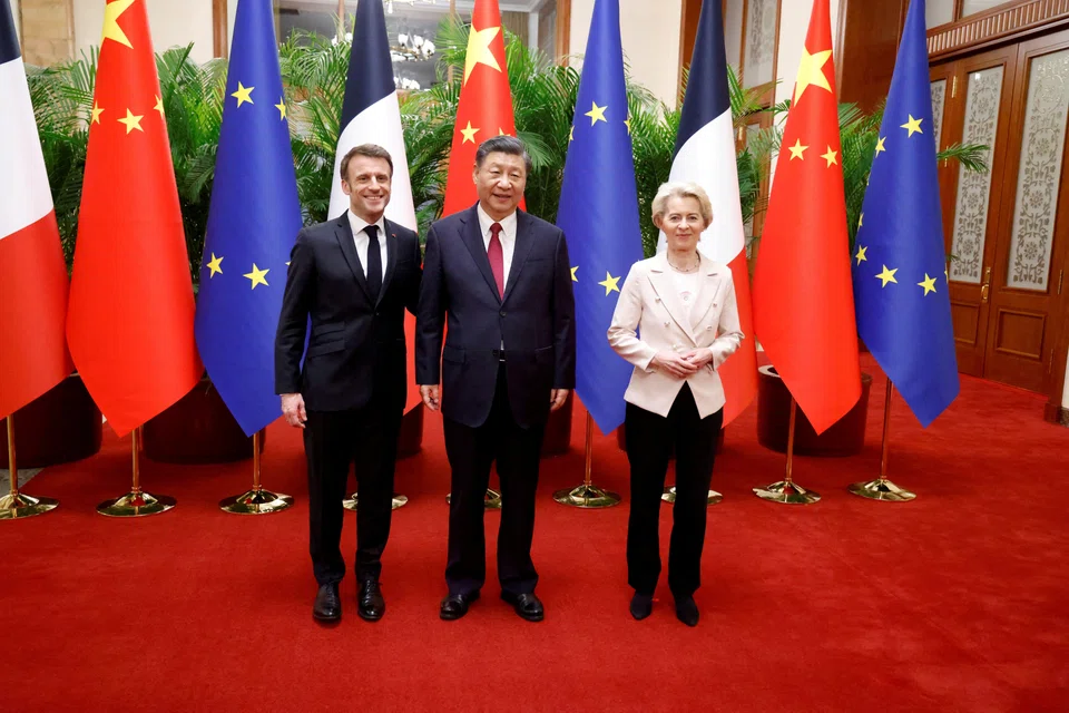 European Commission President Ursula von der Leyen (right) and France's President Emmanuel Macron (left) meeting with China’s President Xi Jinping in Beijing, China, Apr 6.