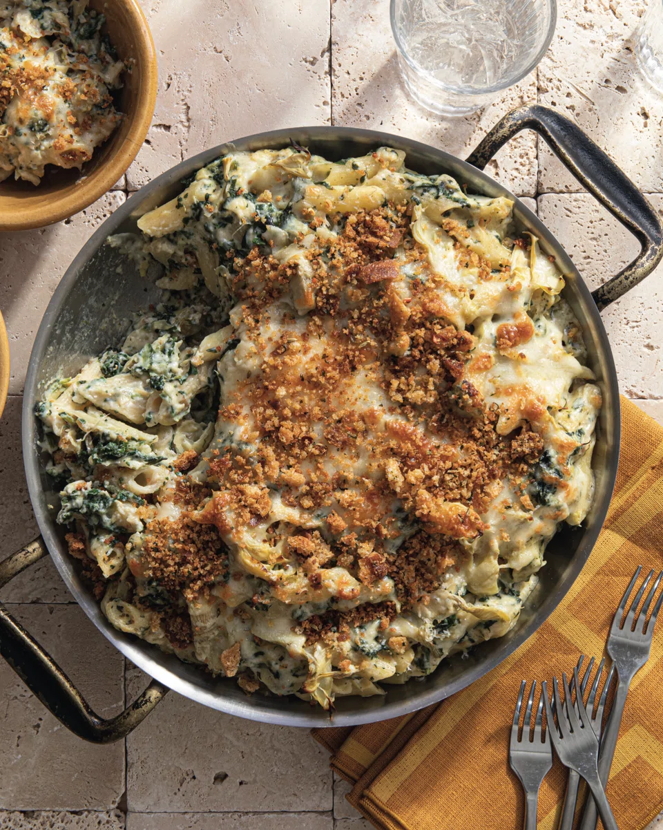 Phoebe Lapine's version of mac and cheese is inspired by the spinach artichoke dip sold at US chain California Pizza Kitchen.