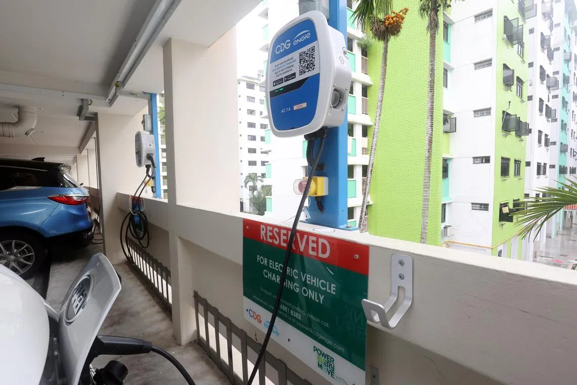 EV charging points in a multi-storey carpark at Chai Chee area. Sustainable financing is growing thanks, in part, to the energy transition.