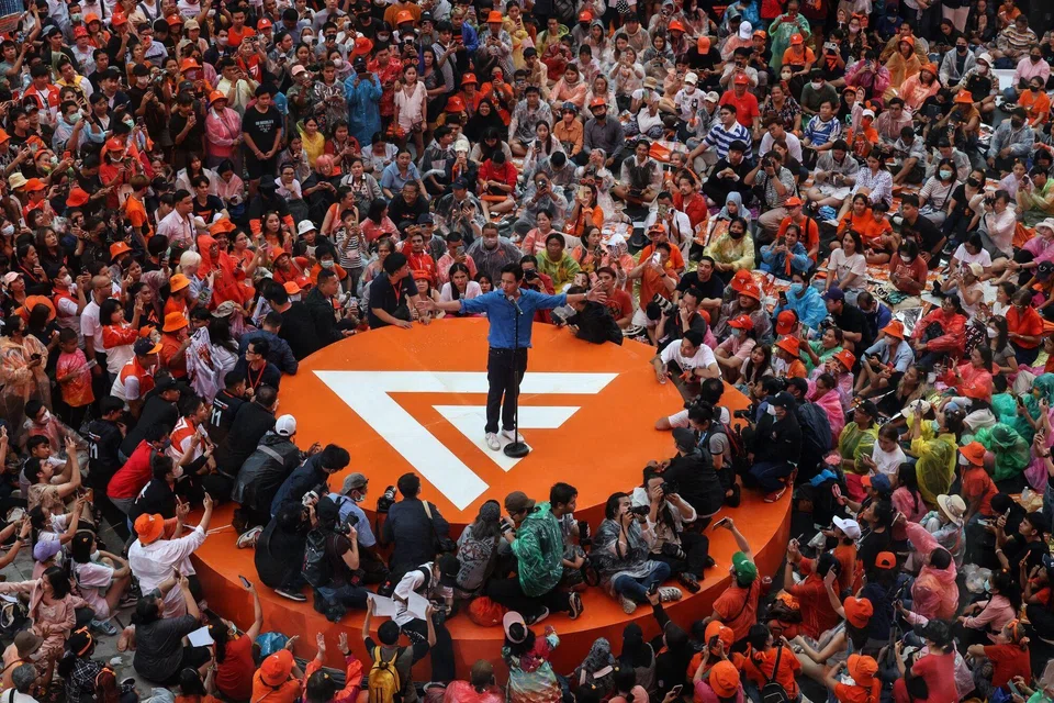 Pita Limjaroenrat at a rally in Bangkok on Sunday; his pro-democracy Move Forward Party (MFP) netted the most seats at the May 14 election but there are no guarantees it will be able to form government or that he will become the premier.