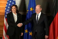 German Chancellor Olaf Scholz (right) and US Vice President Kamala Harris (left) attend their bilateral meeting at the Munich Security Conference in Munich, Germany, Feb 17, 2023. 