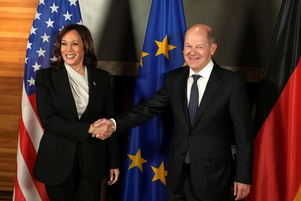 German Chancellor Olaf Scholz (right) and US Vice President Kamala Harris (left) attend their bilateral meeting at the Munich Security Conference in Munich, Germany, Feb 17, 2023. 