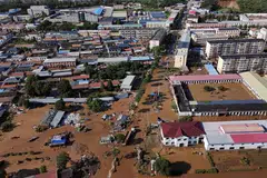Partially submerged buildings after heavy rainfall flooded Miyun district, Beijing, China, July 29, 2025.