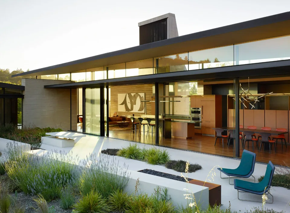 The modern design inconspicuously incorporates water- and energy-conservation features. 