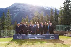 Dignitaries pose for a photo during the G7 Finance Ministers and Central Bank Governors' Meeting in Banff, Alberta, Canada, May 21, 2025. 