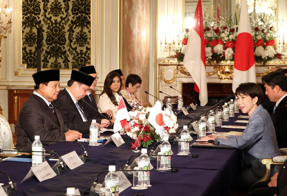 Indonesian President Prabowo Subianto and Japanese Prime Minister Sanae Takaichi hold talks at the Akasaka guesthouse in Tokyo, Japan, March 31, 2026. 