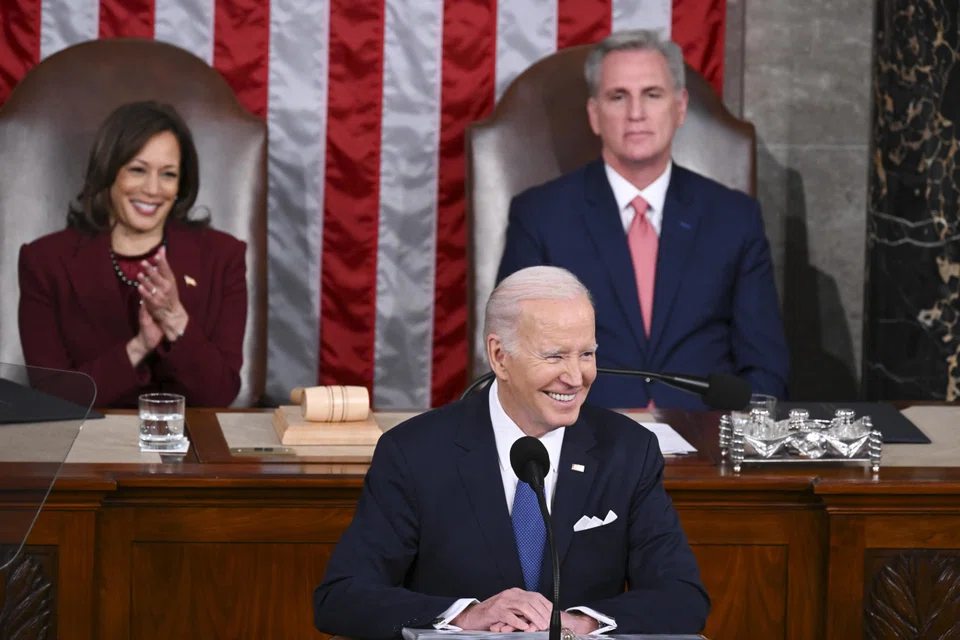 President Joe Biden delivers his State of the Union speech, with Speaker Kevin McCarthy and Vice President Kamala Harris seated behind him, to a joint session of Congress at the US Capitol in Washington, on Tuesday, Feb 7, 2023. 