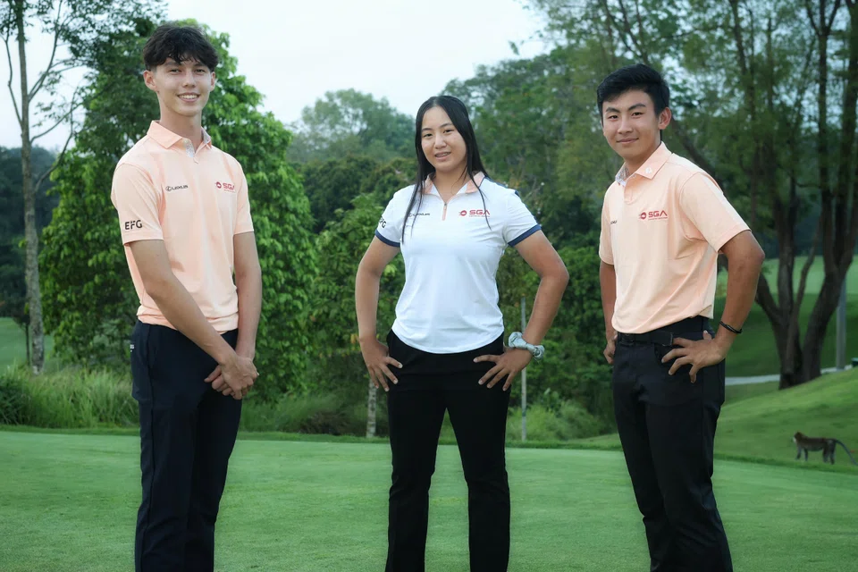 The Singaporean golfers competing at the WATC in October include (from left) Troy Storm, Chen Xingtong and    
Brayden Lee.