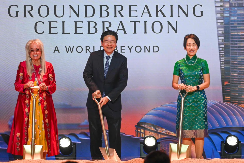 From left: Las Vegas Sands co-founder Miriam Adelson, Prime Minister Lawrence Wong and Minister-in-charge of Trade Relations Grace Fu at the MBS expansion groundbreaking ceremony on Jul 15.