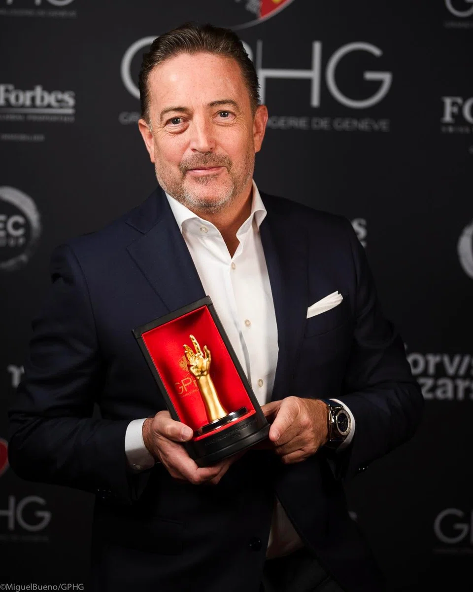 Pierre Jacques at the Grand Prix d'Horlogerie de Geneve 2024 ceremony where De Bethune was honored in the "Men's Complication" category for its iconic DB Kind of Grande Complication.