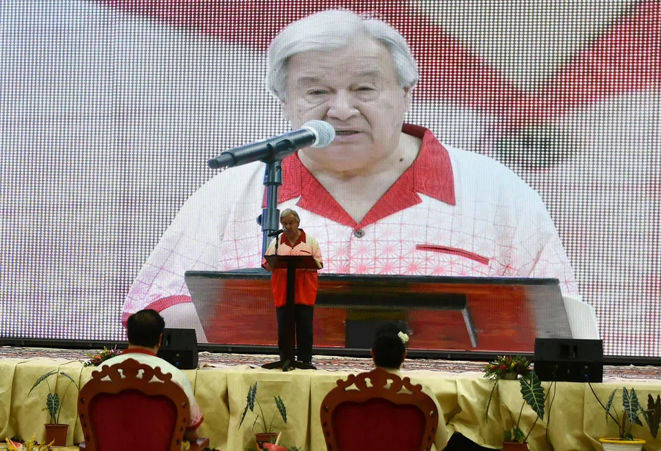UN Secretary General Antonio Guterres speaks during the opening of the 53rd Pacific Islands Forum in Nukualofa, Tonga, Aug 26, 2024. 