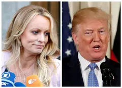 New York prosecutors charge that Trump (right) covered up his former lawyer's US$130,000 payment to porn star Stormy Daniels (left).