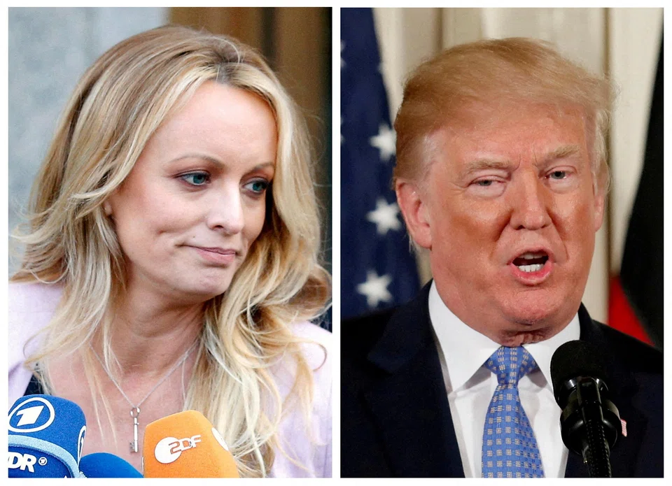 New York prosecutors charge that Trump (right) covered up his former lawyer's US$130,000 payment to porn star Stormy Daniels (left).
