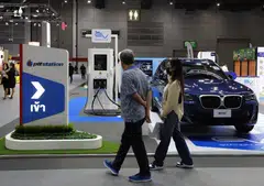 An electric vehicle on display at the Fast Auto Show Thailand and EV Expo 2023 trade show in Bangkok on Jul 5;  the country is already a major regional car manufacturing hub, and is promoting EVs as it also aims to become a hub for EV manufacturing in South-east Asia.
