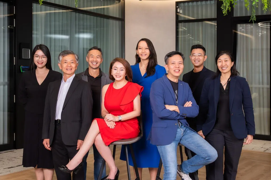 From left: ⁠Anqi Chen, investment associate, Qualgro VC; ⁠Heang Chhor, managing partner, Qualgro VC; ⁠Adrian Li, managing partner, AC Ventures; ⁠Joan Ong, co-founder and chief strategy officer, Supermom; ⁠Rebecca Koh, co-founder and chief of staff, Supermom; ⁠Luke Lim, co-founder and chief executive, Supermom; Kuang Yinghui, investment principal, Granite Asia; and Jenny Lee, managing partner, Granite Asia.