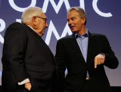 Former US secretary of state Henry Kissinger (left) with former British prime minister Tony Blair in Davos in 2008. Blair is said to share many of Kissinger’s qualities, in addition to traits that make him more suited to the modern age. 