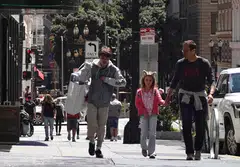Pedestrians at Union Square shopping district, San Francisco, April 27, 2023. US economic growth slowed in the first quarter to 1.1 per cent.