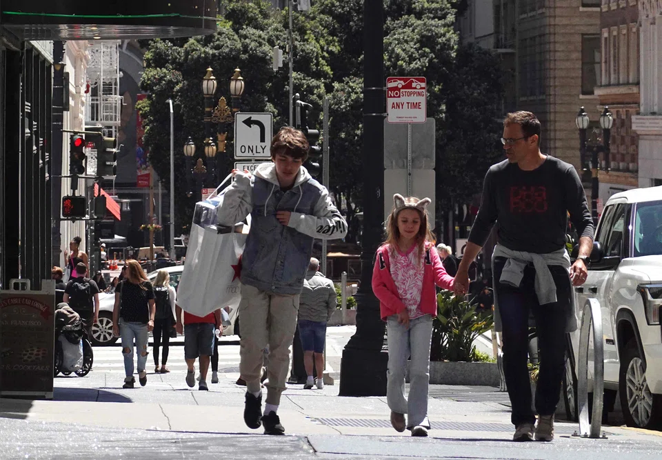 Pedestrians at Union Square shopping district, San Francisco, April 27, 2023. US economic growth slowed in the first quarter to 1.1 per cent.