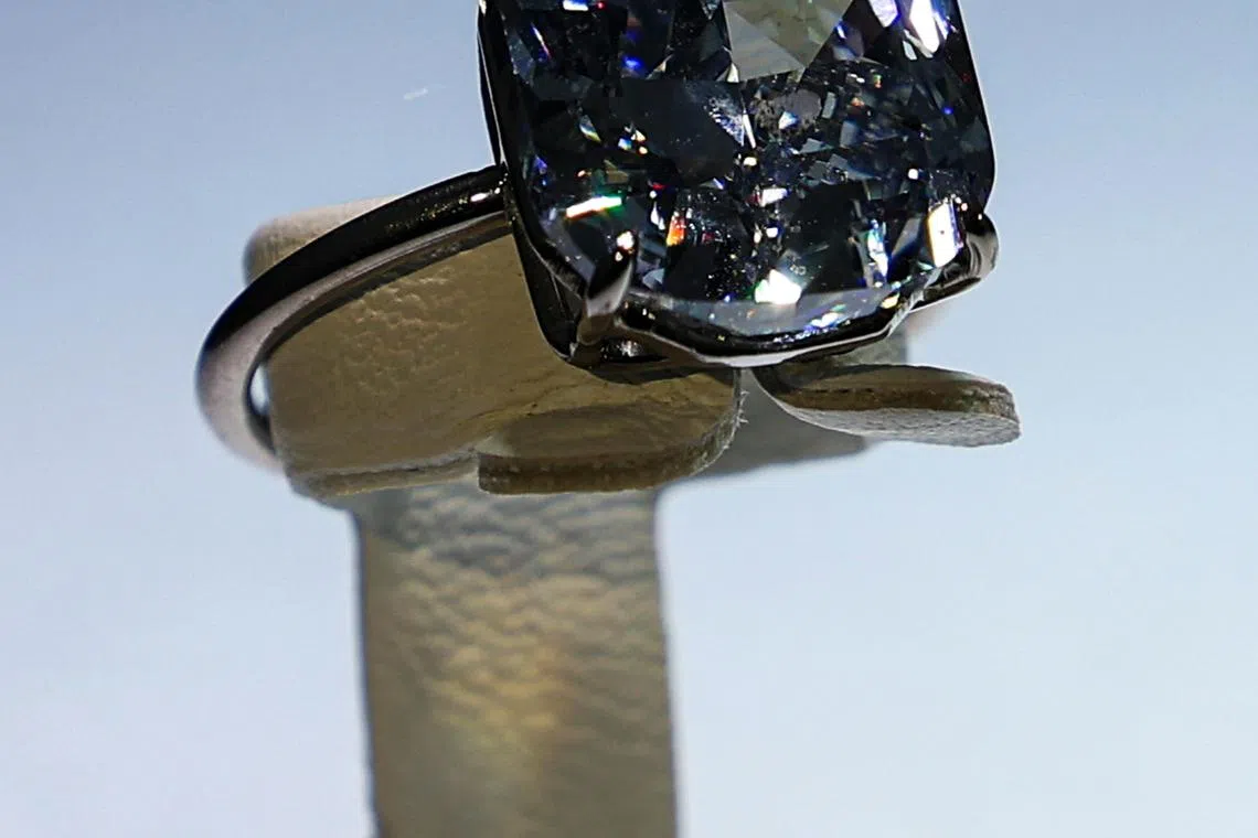 The 10.03 carat Mediterranean Blue Diamond on display during new Sotheby's exhibition "Beyond: The World’s Rarest Diamonds" exhibition in Abu Dhabi. 