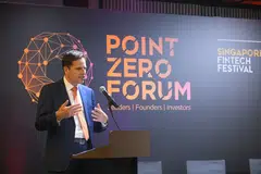 Frank Grütter speaking on the Point Zero Forum during the Singapore Fintech Festival. The Point Zero Forum is a three-day gathering in Switzerland and an outcome of Swiss-Singapore finance cooperation at the government level.