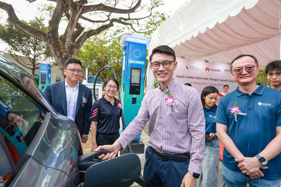 At the launch of the charger on Friday were (from left) Deng Ming, managing director of Huawei Digital Power Singapore; Stephanie Tan, CEO of EV-Electric (EVe); Baey Yam Keng, Minister of State, Ministry of Culture, Community and Youth, and Ministry of Transport, and Mayor for North East District;  Dean Cher, managing director of SP Mobility.