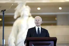 President Joe Biden delivers remarks at the US Holocaust Memorial Museum’s Days of Remembrance at the Capitol in Washington, May 7, 2024. The Biden administration dispatched the head of the CIA to meet on Wednesday with the Israeli prime minister Benjamin Netanyahu as part of an effort to limit Israel’s military operation in the Gazan city of Rafah and push for a ceasefire deal with Hamas.
