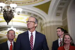 Senator John Thune, newly elected as the next Senate majority leader, grins towards reporters following the vote on Capitol Hill in Washington, US, Nov 13, 2024. Thune emerged victorious over a right-wing challenge from Senator Rick Scott.