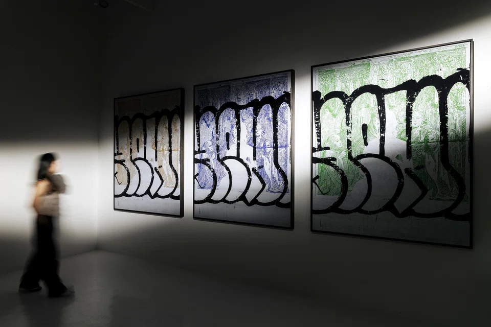 Natee Utarit's screen print series Buddha Napoli fuses classical Western images with Buddha's form and contemporary graffiti.