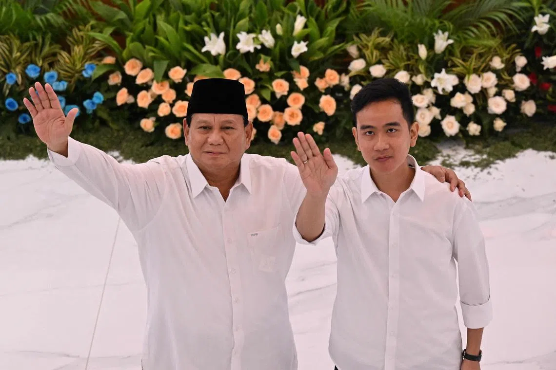 Indonesia's President-elect Prabowo Subianto (left) and vice-president-elect Gibran Rakabuming Raka at a meeting in Jakarta on Apr 24.
