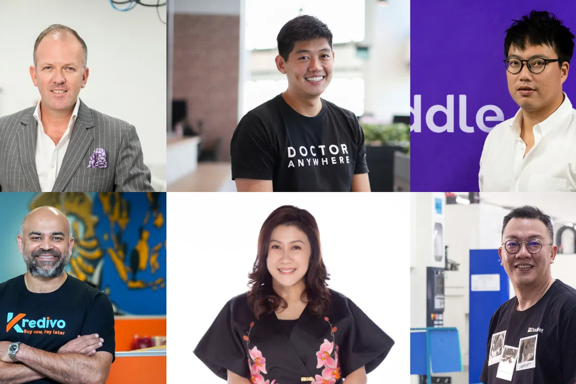 Clockwise from top left: Kane Black, CEO, INEX Innovate, Lim Wai Mun, CEO, Doctor Anywhere, Jonathan Lim, CEO, Oddle, Akshay Garg, CEO, FinAccel, Melissa Tan, CEO, Wah & Hua., Julian Ng, CEO, Grand Venture Technology.