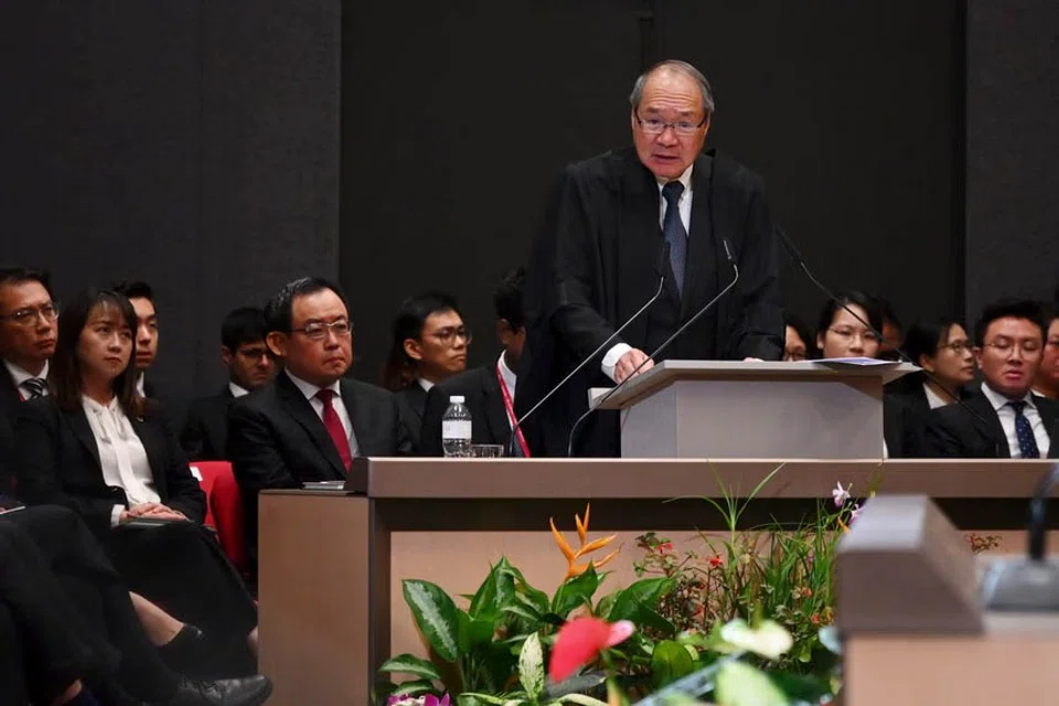 Attorney-General Lucien Wong speaking at the annual ceremony at the Supreme Court auditorium to mark the opening of the legal year.