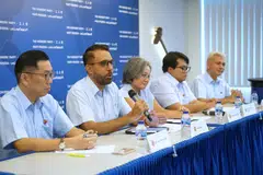 Workers' Party chief Pritam Singh and chairman Sylvia Lim (seated in centre) introducing new candidates (from left) Jasper Kuan, Sufyan Mikhail Putra Mohd Kamil and Harpreet Singh Nehal at the party's headquarters on Apr 19.