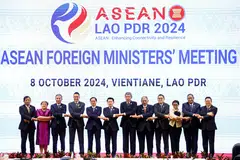 (From left) Myanmar's Permanent Secretary of Foreign Affairs Aung Kyaw Moe, Philippines' Foreign Affairs Undersecretary Ma. Theresa P. Lazaro, Singapore's Foreign Minister Vivian Balakrishnan, Thailand's Foreign Minister Maris Sangiampongsa, Vietnam's Foreign Minister Bui Thanh Son, Laos' Foreign Minister Saleumxay Kommasith, Malaysia's Foreign Minister Mohamad Hasan, Brunei's Second Minister of Foreign Affairs Erywan Yusof, Cambodia's Foreign Minister Sok Chenda Sophea, Indonesia's Foreign Minister Retno Marsudi, East Timor's Foreign Minister Bendito dos Santos Freitas and Asean Secretary General Kao Kim Hourn pose for a photo in Vientiane, Laos, Oct 8, 2024. 