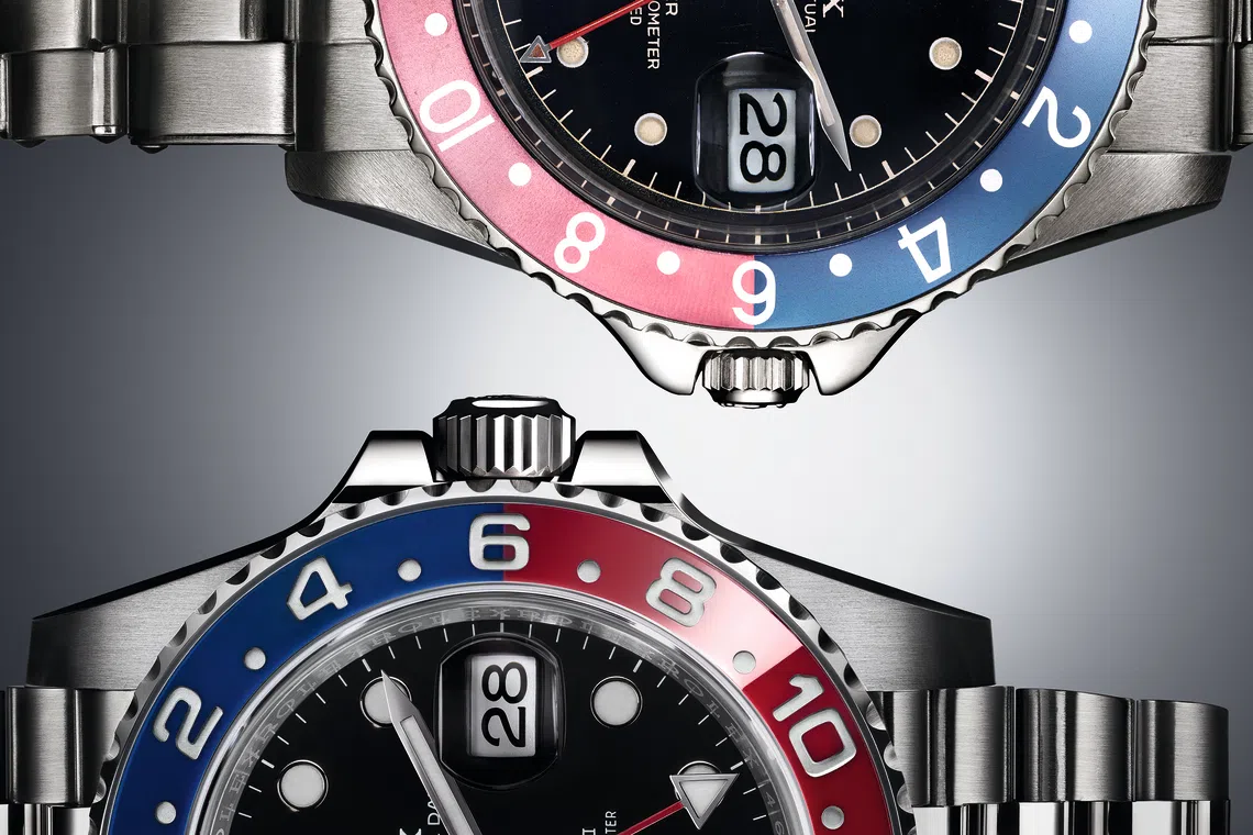 GMT-Master, stainless steel, red and blue bezel insert, 1959, ref. 1675 (above)  and GMT-Master II, Oystersteel, red and blue bezel insert, 2018, ref. 126710 BLRO (below)
