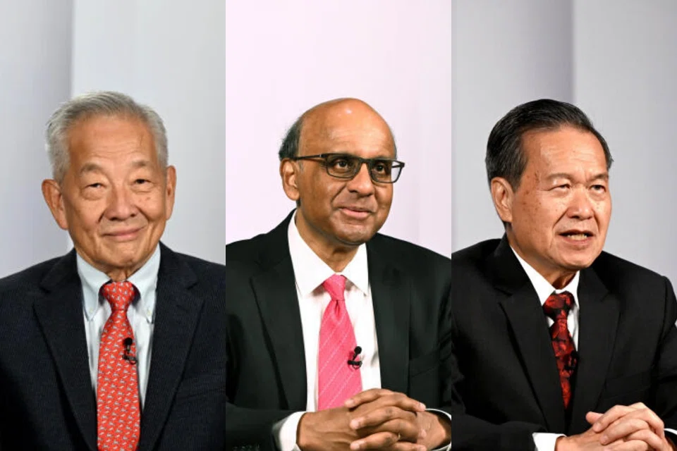 Presidential candidates Ng Kok Song (left), Tharman Shanmugaratnam (centre), and Tan Kin Lian (right) delivered their first presidential broadcast speeches on Thursday evening.