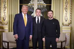 (From left) US president-elect Donald Trump, France's President Emmanuel Macron and Ukraine's President Volodymyr Zelensky before a meeting at The Elysee Presidential Palace in Paris, France, Dec 7, 2024. Trump has said he will end the nearly three-year conflict in “24 hours” once in power, a claim that has drawn scepticism from Kyiv which fears it will be forced to give up land for peace.