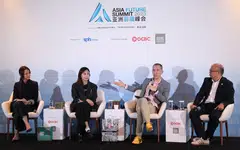 The panel discussion on consumer trends at Asia Future Summit 2025, from left: Cheryl Cheong of Samsung Electronics Singapore, Li Simeng of Chagee and Lien Choong Luen of Gojek. The panel discussion was moderated by Jeremy Au Yong, associate editor of The Straits Times.