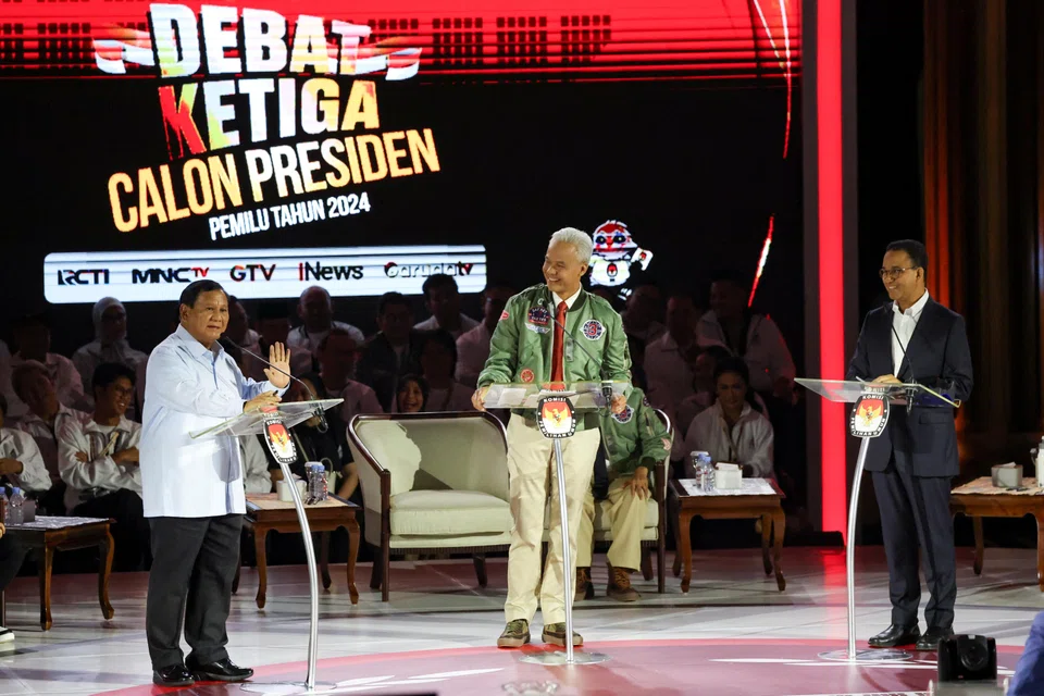 (From left) Prabowo Subianto, Ganjar Pranowo and Anies Baswedan during the nationally televised presidential debate on Sunday. The candidates discussed defence, geopolitics and diplomacy, among other topics.