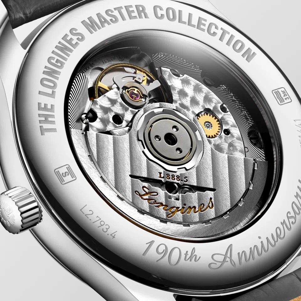 The Calibre L888.5 and decorated rotor are both visible via an open sapphire case back and the words '190th Anniversary' are engraved to mark the occasion.