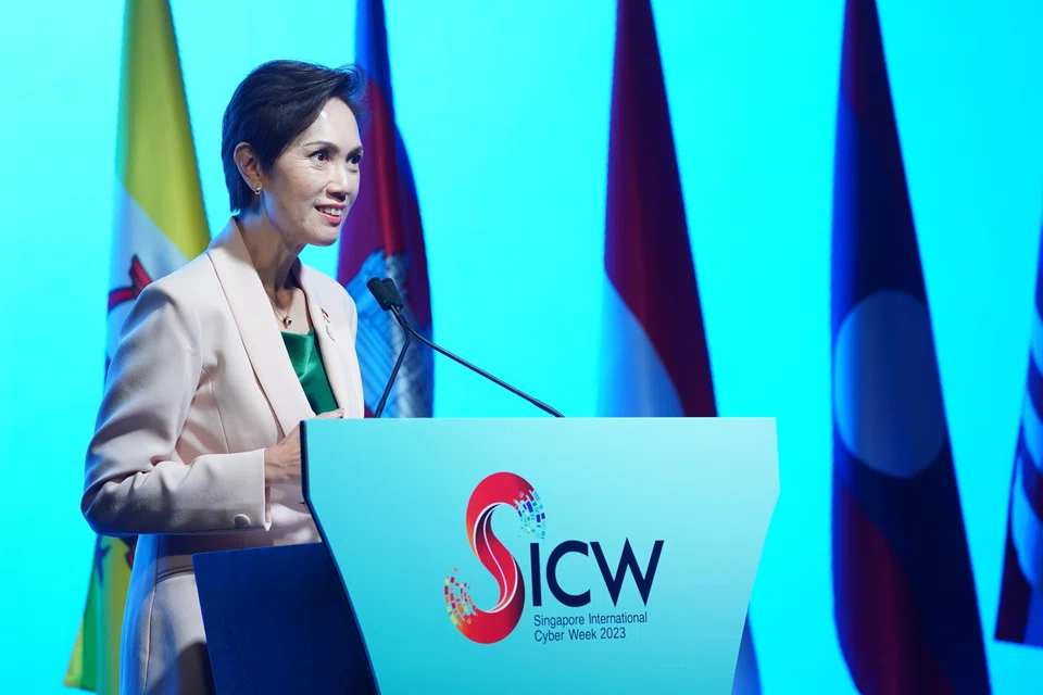 Minister for Communications and Information Josephine Teo delivering her opening address at the eighth Asean Ministerial Conference on Cybersecurity held on Oct 18.