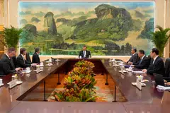 China's President Xi Jinping (C) meeting with US Secretary of State Antony Blinken (3rd, L) at the Great Hall of the People in Beijing. Xi says there are still a number of issues that need to be resolved, and there is still room for further efforts.