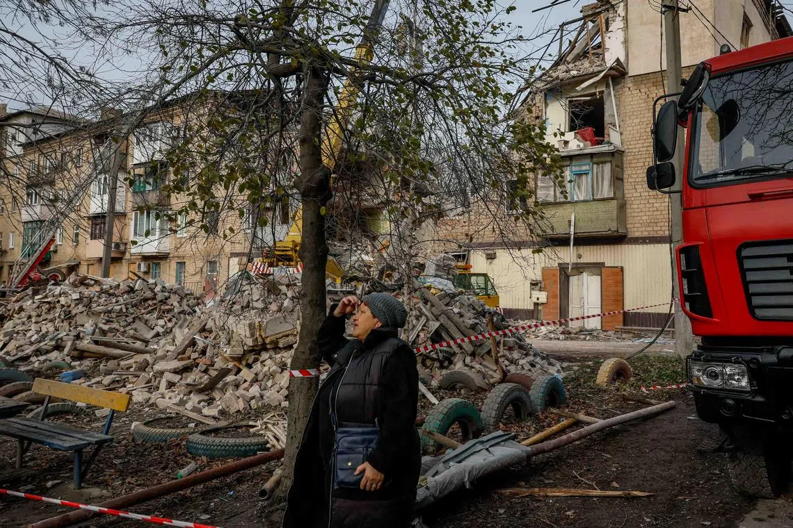 Houses destroyed by a Russian missile strike in the town of Selydove, Donetsk region, Ukraine, Nov 15, 2023. Russian President Vladimir Putin broke a cardinal rule of international law when his troops invaded a sovereign country, Ukraine, in February 2022.
