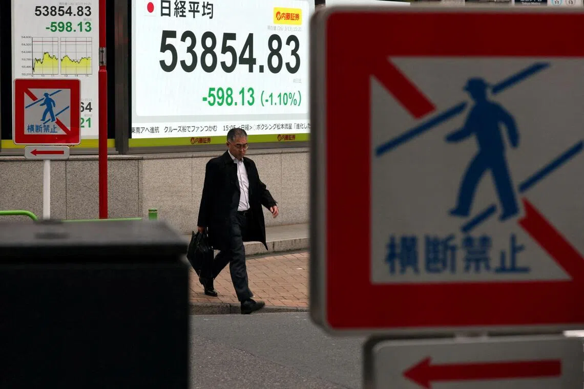 The benchmark Nikkei 225 Index fell 1.3 per cent to 53,138.42 as of the midday break on Monday.